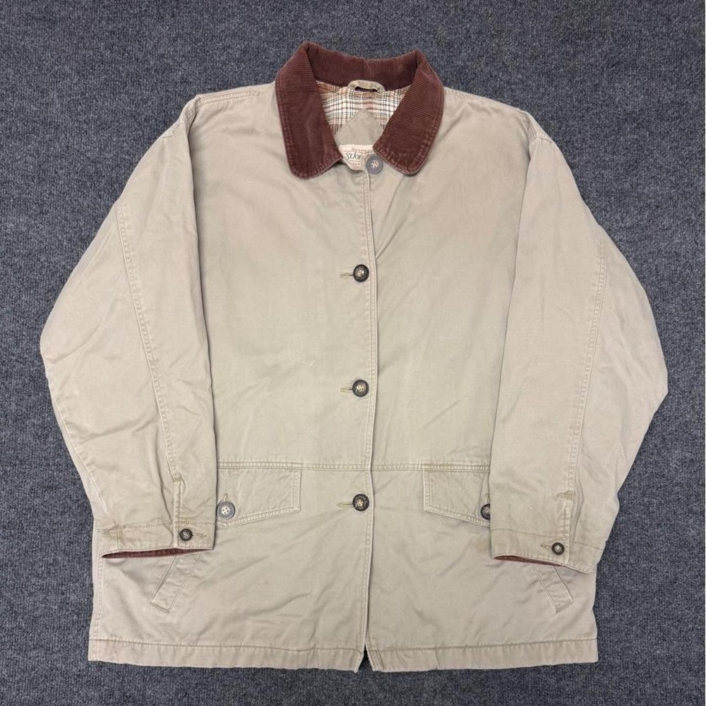 Vintage St Johns Bay Plaid Mackinaw Overcoat Jacket Tan Canvas Corduroy XL